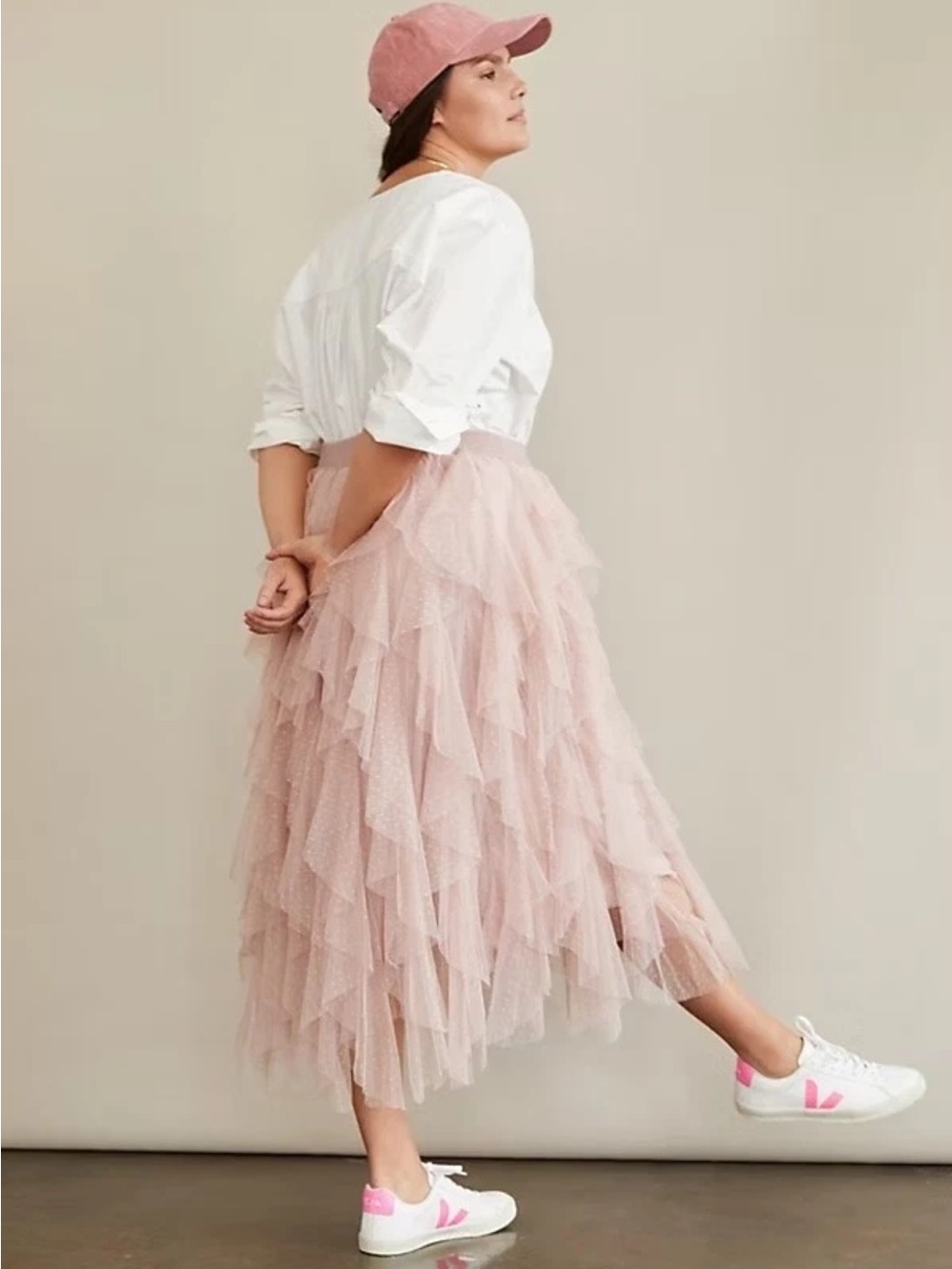 Anthropologie Cheri Tulle Layered Tiered Polka Dot Midi Skirt in Dusty Pink, 2X - Picture 15 of 16